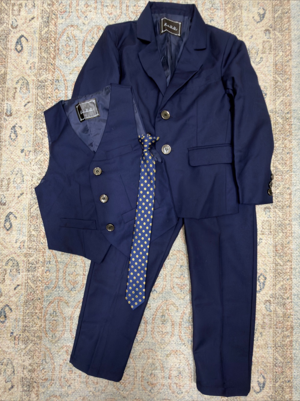 Boys Navy 3 piece suit Vest and Polka Dot Tie Set - Classic Formal Matching Set